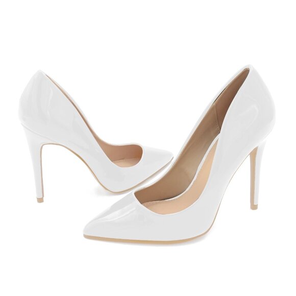 LURNYET WHITE PATENT Women Pointed-Toe Pumps with Stiletto 4 inch Heels - Picture 4 of 5